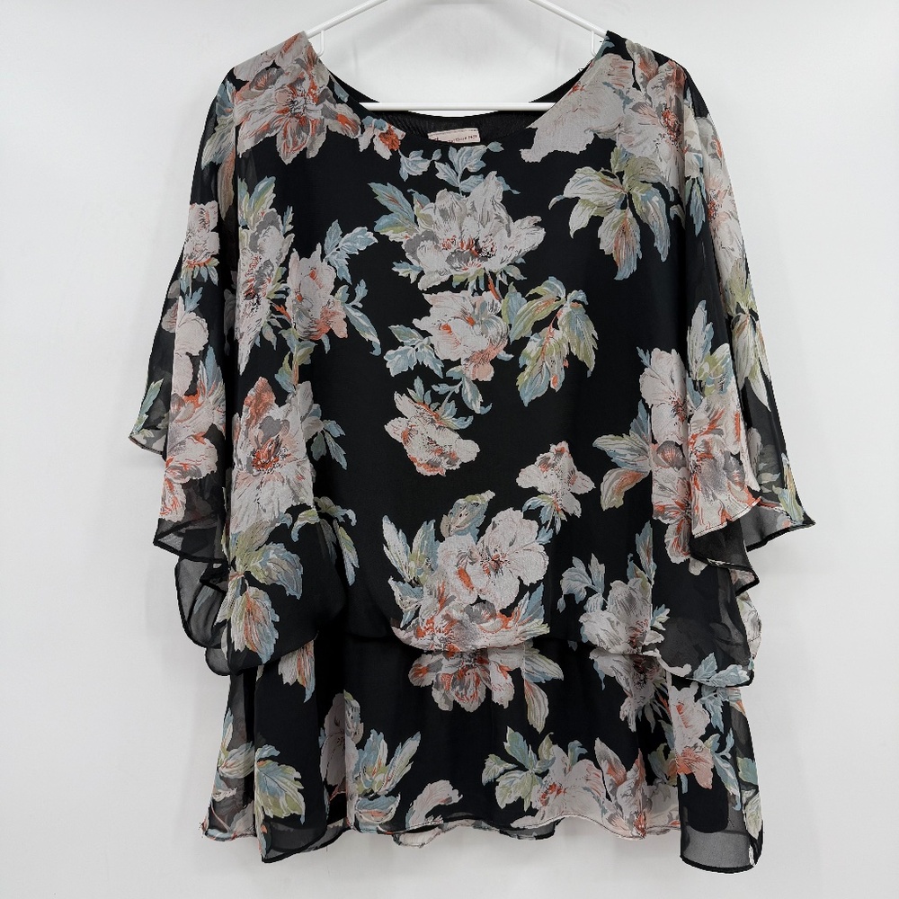 Cb Established 1962 Top Women 22 Black Floral Peplum Kimono Sheer Blouse